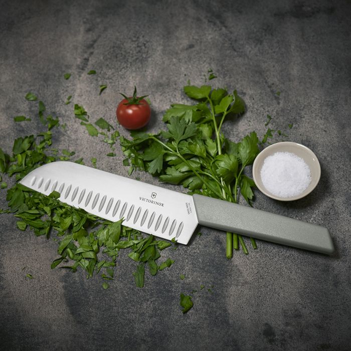 Victorinox Swiss Modern Colour 17cm Fluted Santoku Knife - Olive Green (6905617K6B)