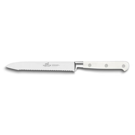 Lion Sabatier® Ideal Toque Blanche 3 Piece Knife Set - 10cm Paring, 12cm Serrated Utility & 18cm Santoku Knife (White Handle with Stainless Steel Rivets)