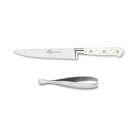 Lion Sabatier® Ideal Toque Blanche 2 Piece Set - Filleting Knife & Tweezers (White Handle with Stainless Steel Rivets)