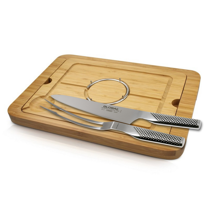 Global Knives 3 Piece Carving Set with Bamboo Spiked Meat Dish